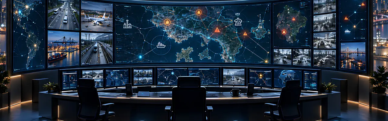 Ruang command center dengan dinding video dan peta operasional